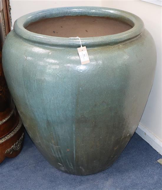 A large urn style azure blue garden pot H.78cm